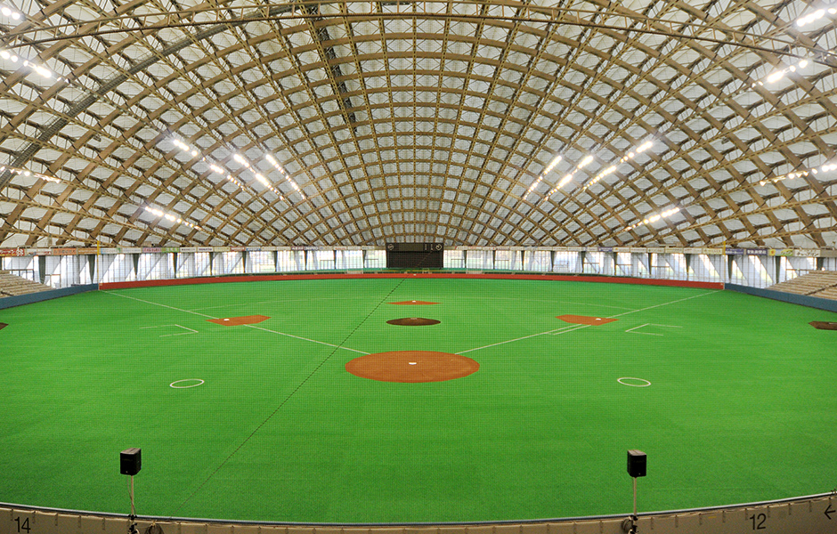 地元産のスギ約4000㎥を⽤いた⼤館樹海ドーム（秋⽥県、1997年竣⼯、愛称：ニプロハチ公ドーム）。多雪地域に、外国産⽊材に較べて強度が低いとされている国産スギの弱点を克服して、⻑径178ｍ×短径157ｍ、室内野球が可能な世界最⼤級の⽊造ドームを建設しました。