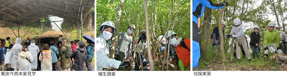 菊炭今西本家見学、植生調査、伐採実習