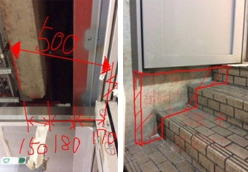 現地調査例：写真に調査寸法・改修案の書込み