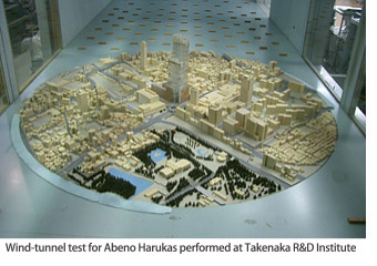 Wind-tunnel test for Abeno Harukas performed at Takenaka R&D Institute