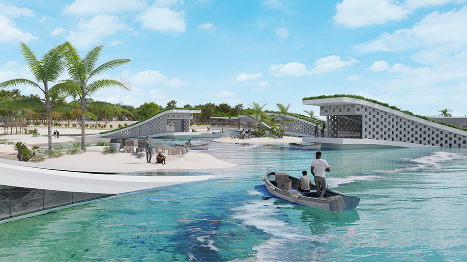 Exterior perspective: By suppressing waves and making coastal areas safer through architecture, people's lives and livelihoods will be revitalized and sustainable communities formed.