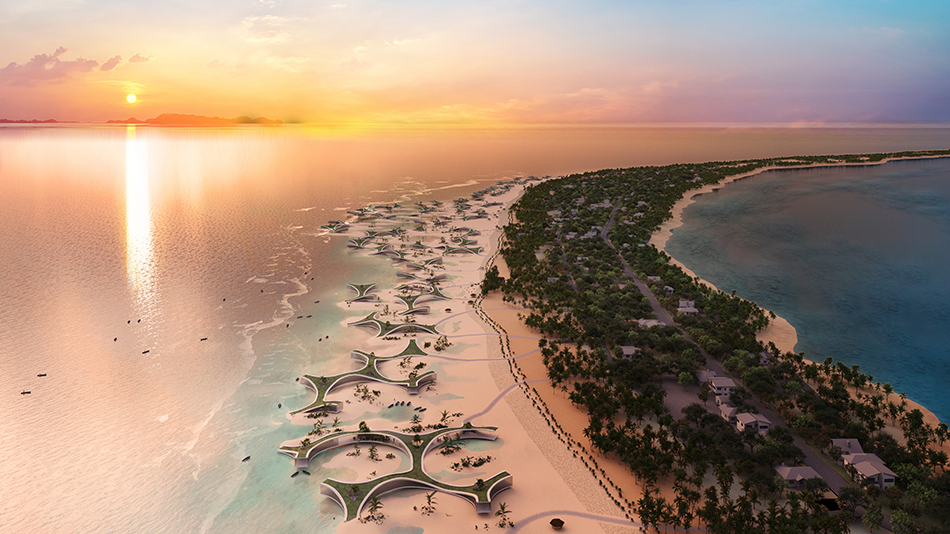 Bird's-eye view: A new landscape that fuses the island, the sea, and architecture will change in response to the rhythm of time.